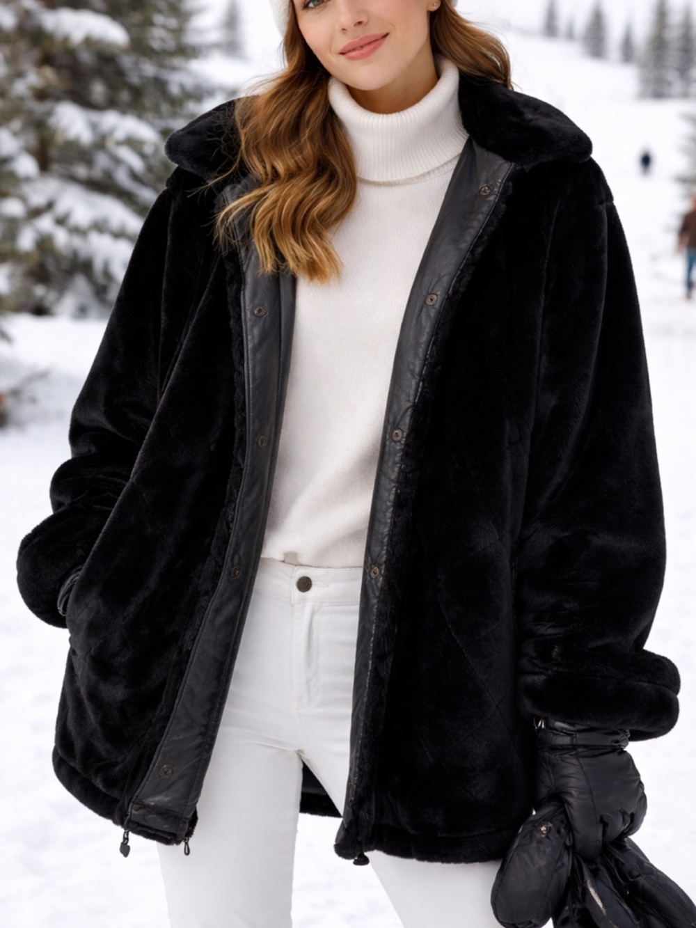 Searle Blatt Studio Black Diamond Grooved Collared Faux Fur Coat size Large